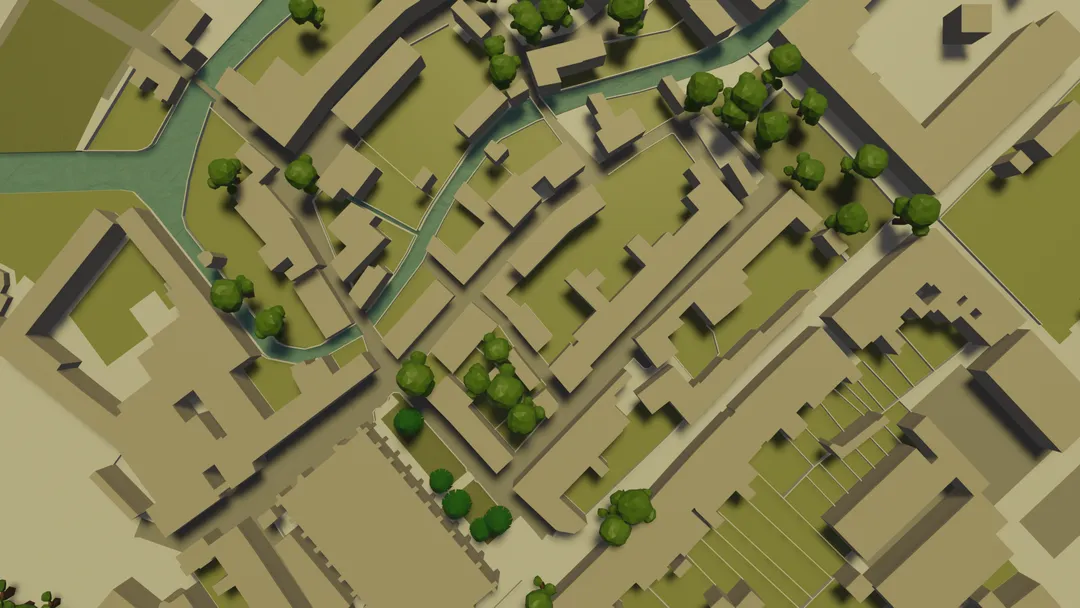 Computer rendered top-down view of buildings and river