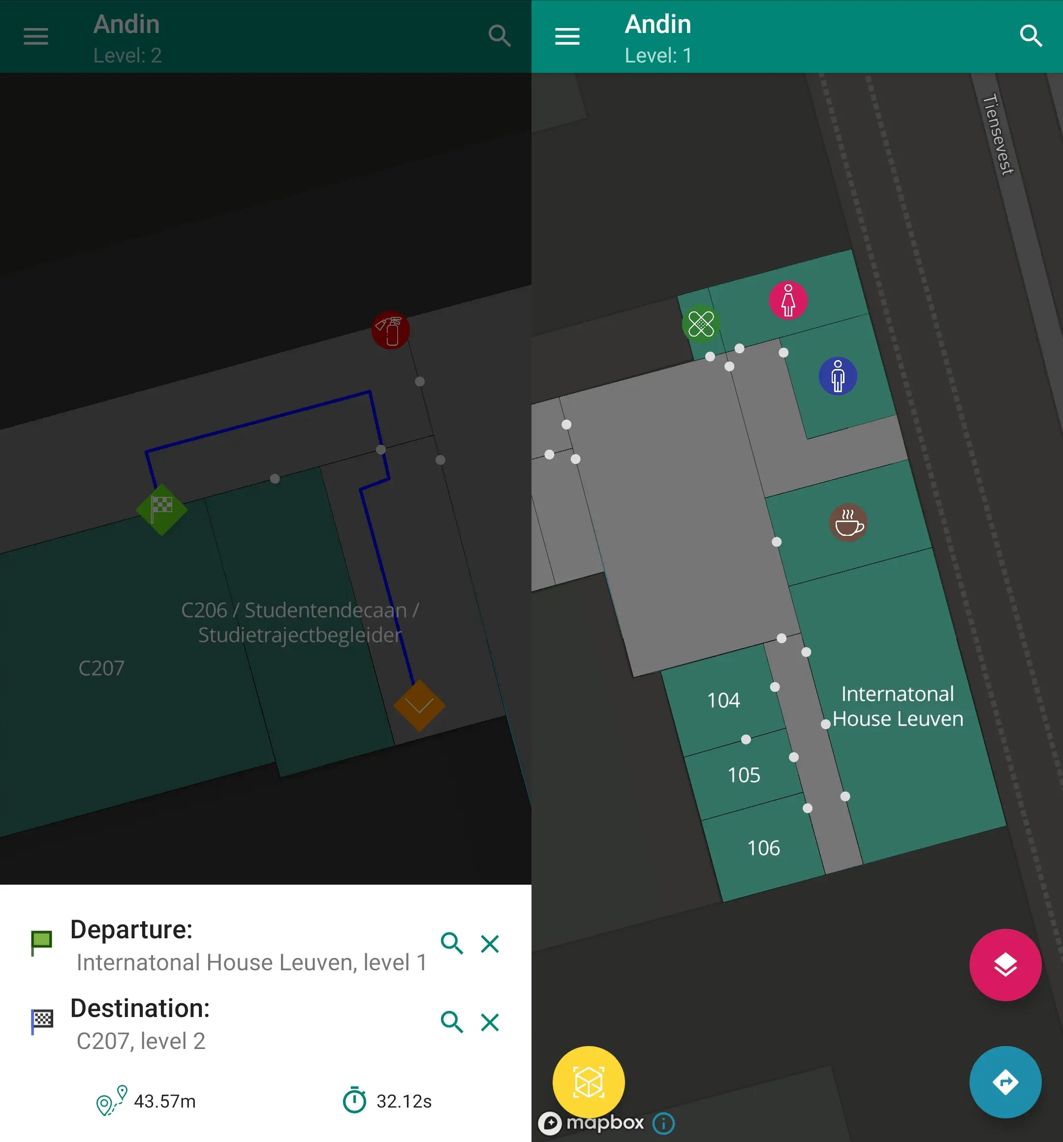Two screenshots of the Andin android application, showing a map of rooms in a building