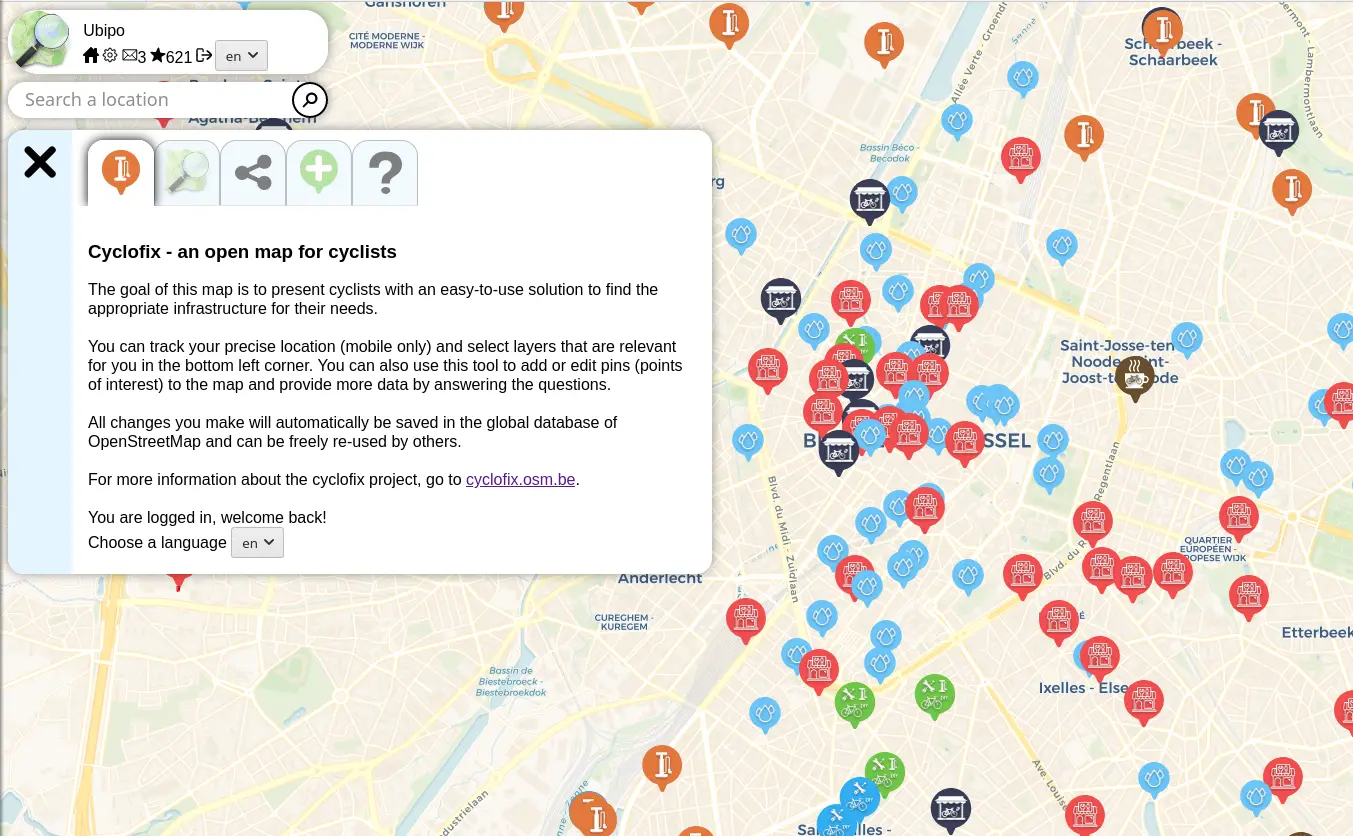 Screenshot of the Cyclofix website, showing pins on a map indicating the
locations of cycling infrastructure in Brussels
