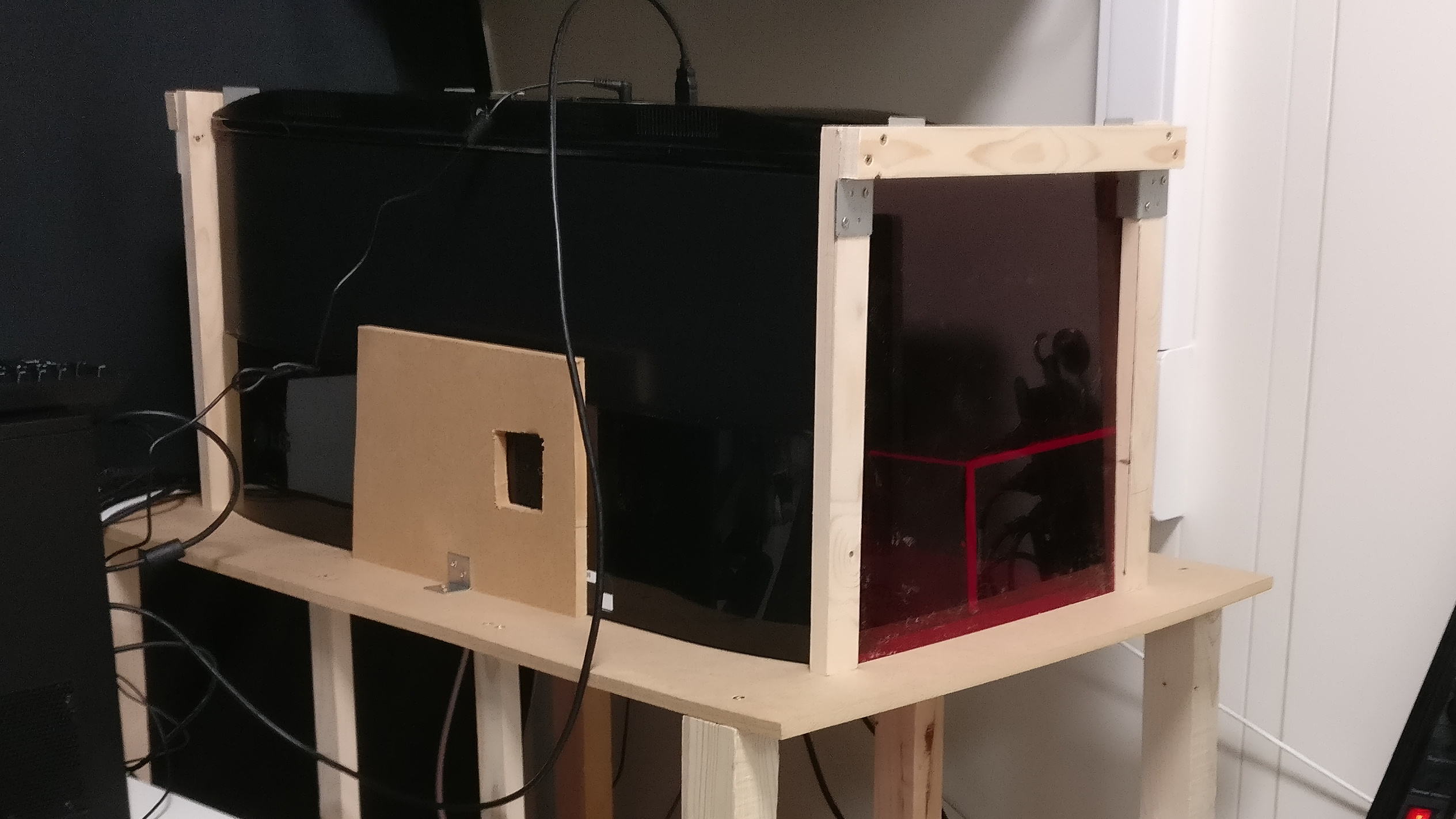 Picture of the experimental setup, showing the enclosed pen with monitors on
three sides.