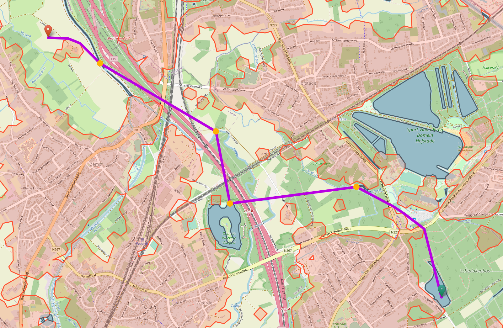 Screenshot of a map with a multi-hop path between lakes planned by
Lakehopper&#39;s planning component
