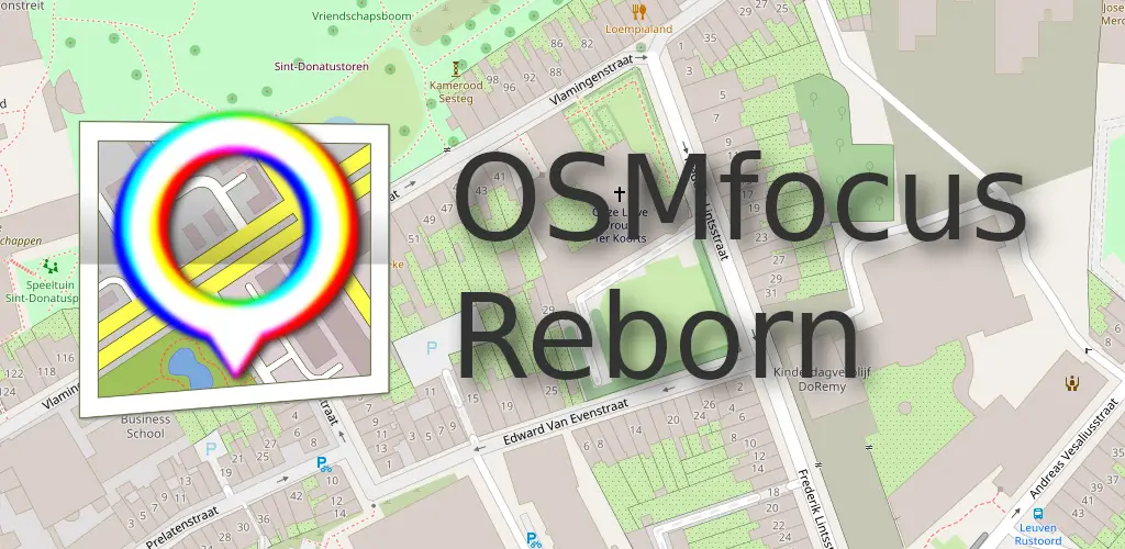 OSMfocus Reborn logo on OpenStreetMap map background